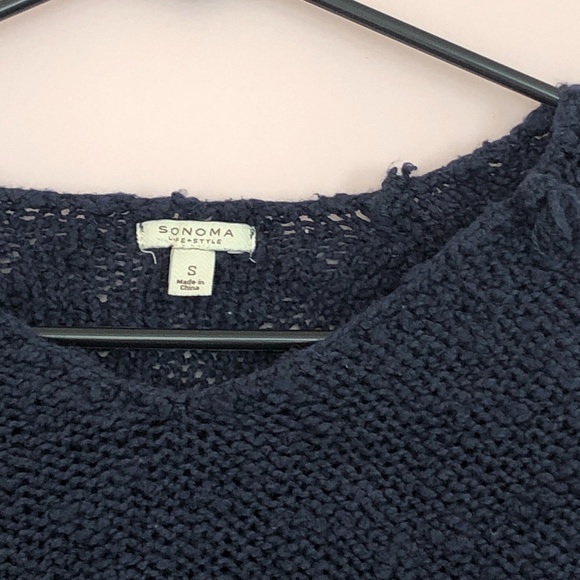 Navy Blue V-Neck Sweater Loose Knit Sweater - Picture 3 of 5